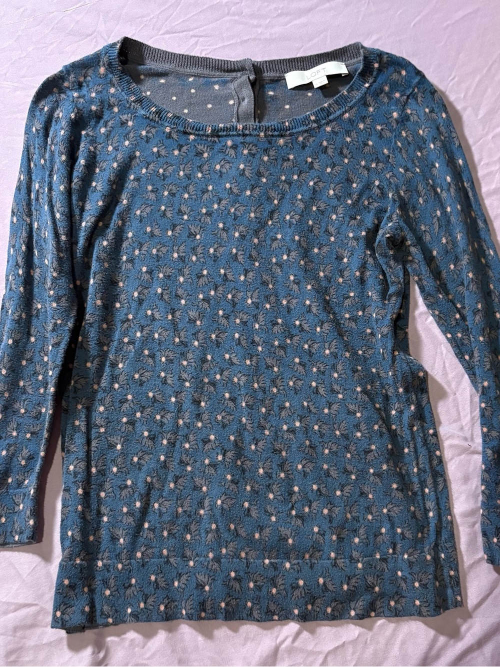 LOFT Teal Blue Floral Dot Long-Sleeve Top
